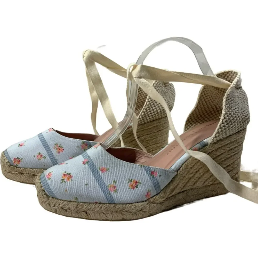 GAL MEETS GLAM x Margaux Blue Stripe Floral Espadrille Wedges Resort Vacay